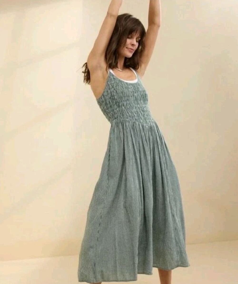 Aerie At The Barre Midi Dress XL Green Gingham Smocked Adjustable Straps